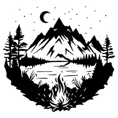 Mountain landscape with campfire, trees. Adventure Awaits. Black silhouette vector for t-shirts, vinyl, clipart, and cut files.