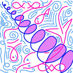 Pink, blue lines swirling with fish silhouettes, spirals, geometric patterns forming playful, vibrant abstract composition