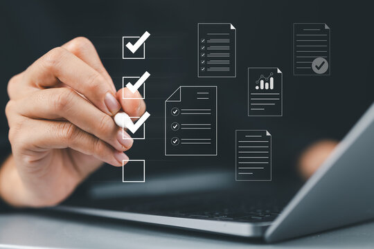 Online assessment and survey concept. Woman interacts with virtual checklist on a laptop, symbolizing online assessments, surveys, exams, or quizzes. digital evaluation and data collection. fill out,