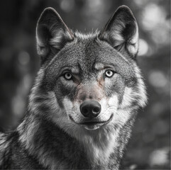 portrait of a wolf, the wolf is furious and angry , realistic full portrait of the wolf, black and gray