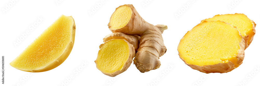 Poster On a transparent background, fresh ginger slices are shown isolated through Generative Ai