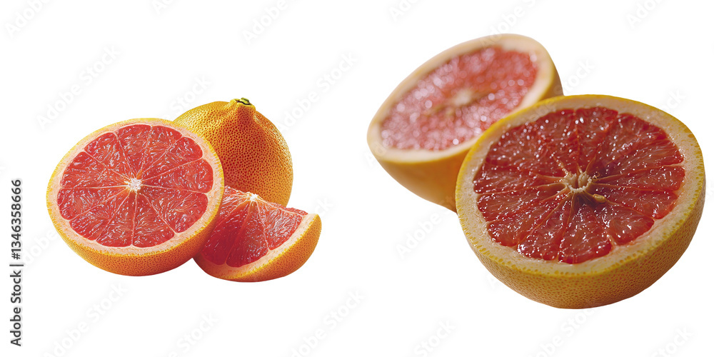 Fototapete Generative Ai has created an image of a whole and cut ripe grapefruit isolated on a transparent background