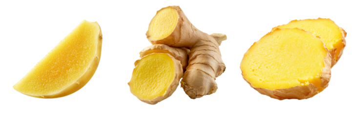 On a transparent background, fresh ginger slices are shown isolated through Generative Ai