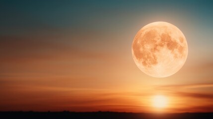 A stunning view of a golden moon setting against a colorful dawn sky, where warm hues create a captivating contrast, creating a mesmerizing visual spectacle.