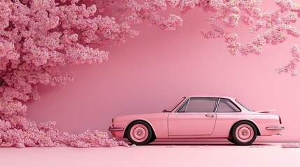 Pink women's car on a pink background with sakura 