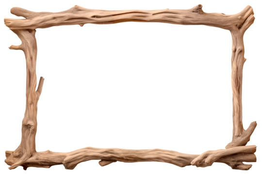 Wood frame craft made of twig branch, Tree roots frame isolated on transparent background.
