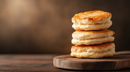 A warm stack of freshly baked biscuits showcases flaky layers and a golden top, perfect for breakfast or a delightful snack that evokes comfort and satisfaction.