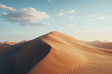 Golden dunes ripple under a serene sky during sunset in a tranquil desert landscape