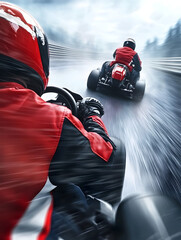 A go-kart passing another kart on a tight turn, with the racers competing fiercely for the lead.

