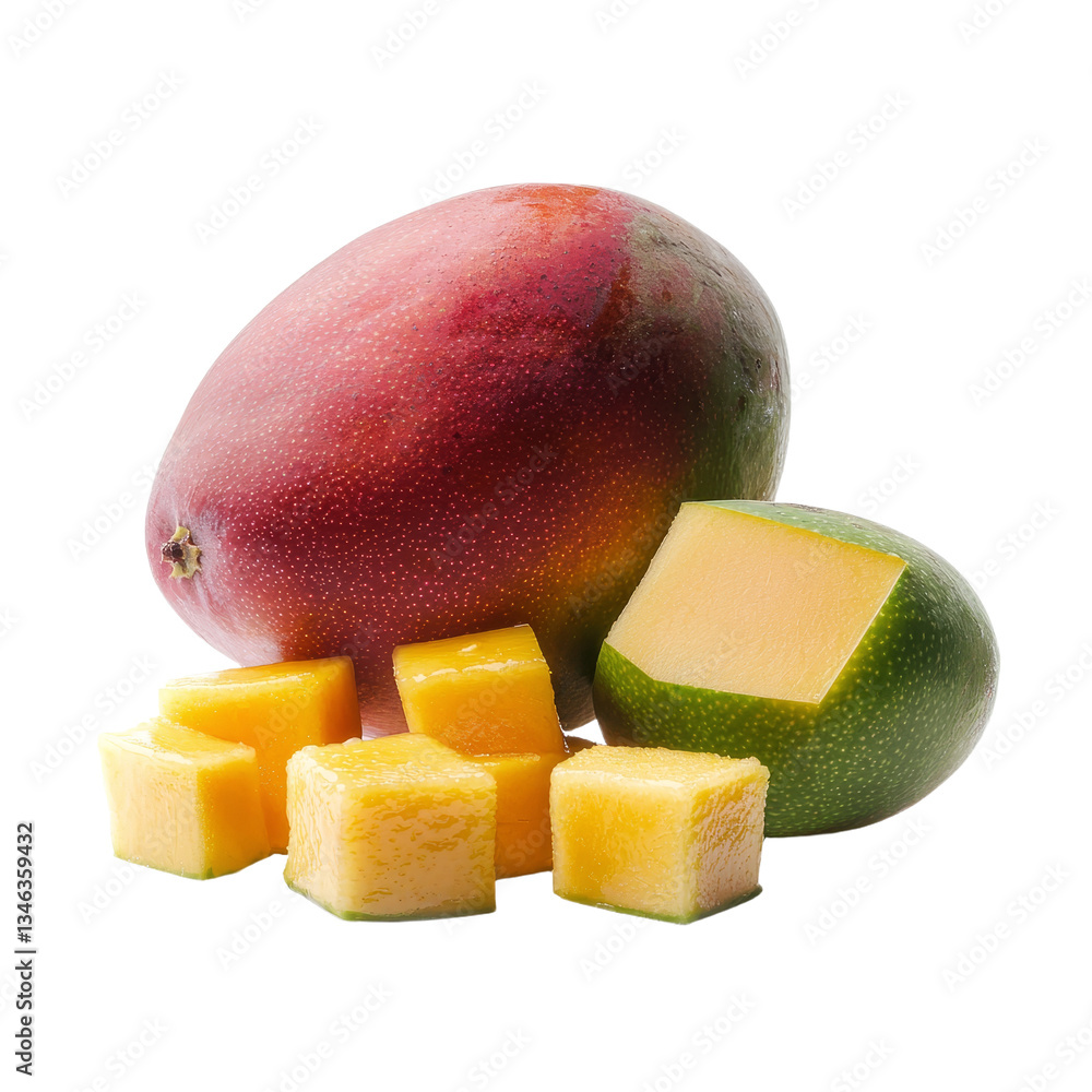 Aufkleber generative ai has created an image of half cut mango fruits isolated on a transparent background