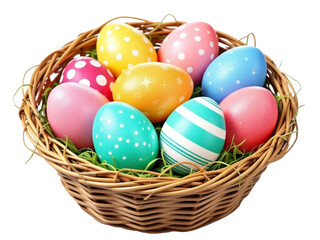 A group of colorful Easter eggs in a woven basket, isolated on transparent background, PNG