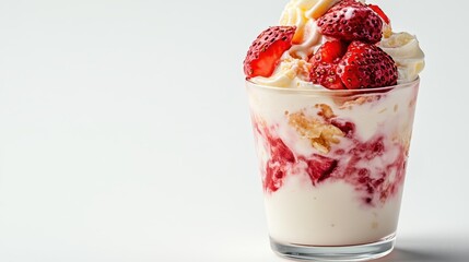 A creamy dessert featuring layers of vanilla goodness topped with fresh strawberries, promoting indulgence and delight, perfect for celebrating moments and shared happiness.