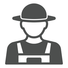 Farmer man in uniform with hat solid icon, wheat production concept. Vector graphics. Human avatar of farm worker sign on white background, glyph style icon for mobile or web design.