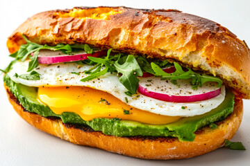 Delightful sandwich creation featuring a fried egg, creamy avocado, savory cheese, and fresh herbs, perfect for any meal of the day