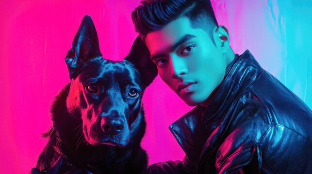 Man in Neon Light with Black Dog