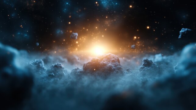 A breathtaking cosmic landscape featuring radiant light emerging from celestial objects, reminiscent of the majestic beauty of outer space, inspiring dreams of exploration and discovery.
