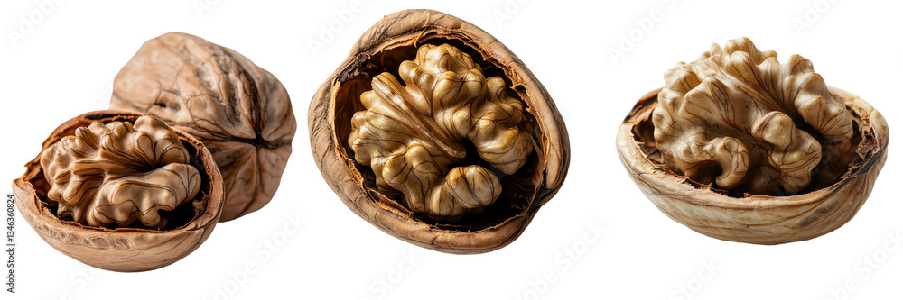 Poster on a transparent background, a walnut half with its peel is displayed, having been generated by gene