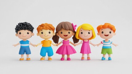 A vibrant illustration of five diverse cartoon children holding hands, portraying friendship and joy against a clean white background. Perfect for educational themes.