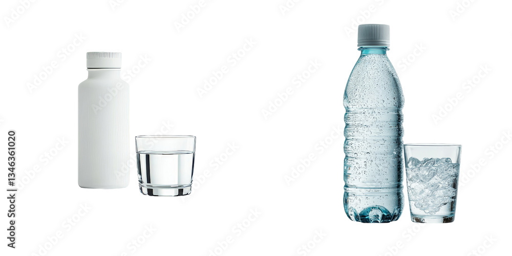 Poster on a transparent background, generative ai has isolated a bottle of drinking water and a glass of wa