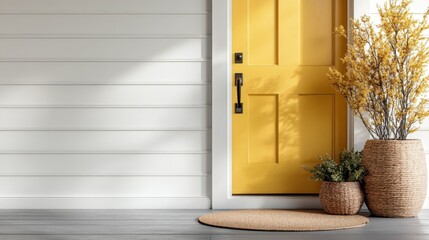 This cheerful image features a bright yellow door adorned with beautiful potted plants, creating a warm and inviting entrance illuminated by soft sunlight.