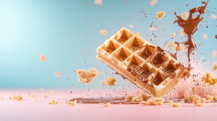 A dynamic image of a waffle splashing into chocolate with crumbs flying, exemplifying indulgence and delicious desserts in a vibrant and playful setting.