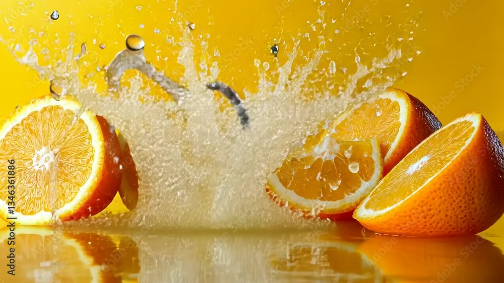 Poster fresh oranges splash into water creating a vibrant display at a kitchen countertop in a sunny settin