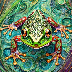 Intricate frog illustration, psychedelic art, vibrant green and blue swirls, ornate patterns