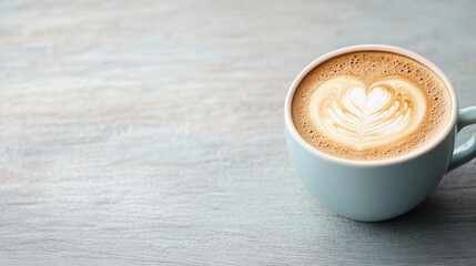 This image exemplifies minimalist coffee culture, featuring a blue cup filled with latte art that beautifully displays a heart shape against a pale background, embracing simplicity and elegance.