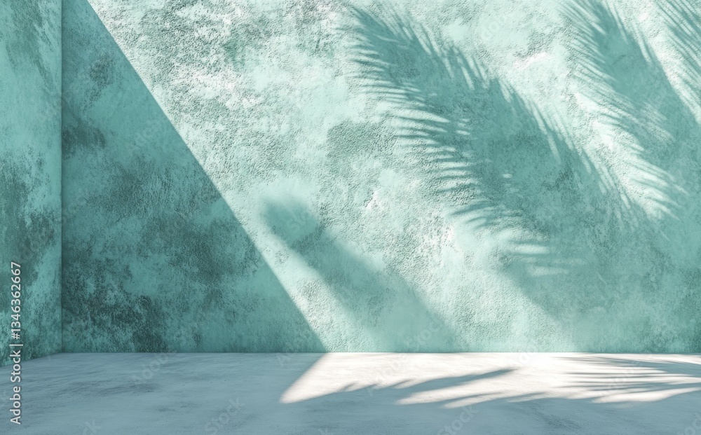 Poster the scene features a modern and minimalist product placement setting with a shadow cast on a blue wa