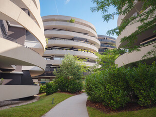 Vienna, Austria, July 19, 2023. Apartment in residential building exterior in Prater part. Housing...