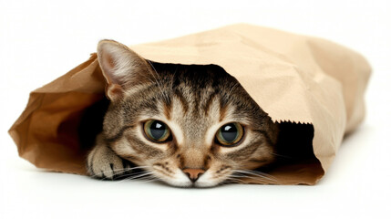 Cat hides playfully under a paper bag creating a delightful moment of chaos in the living room during the afternoon
