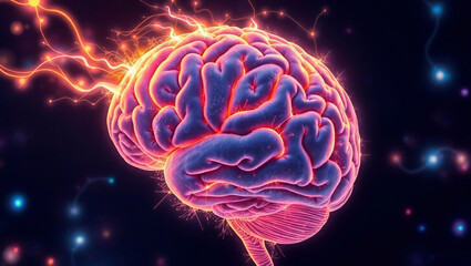 Human brain with light trails and energetic pulses glowing.