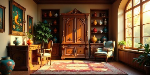 Sunlit Interior with Antique Furnishings and Ornate Decor