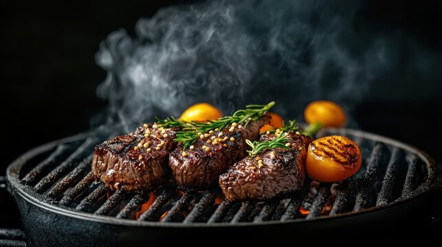 A tantalizing display of delicious seared steaks sizzling on a grill, surrounded by smoke and fresh herbs, embodies the essence of outdoor cooking experience and flavor.