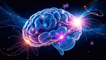 Naklejka premium Human brain with vibrant light trails and cosmic swirls on a dark background