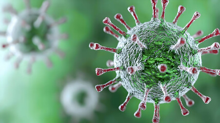 Detailed Macro Illustration of Green and Red Coronavirus Particles on Blurred Green Background