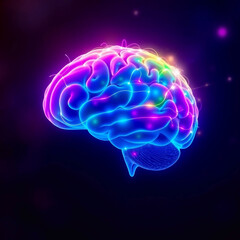 Human brain with light trails and dynamic glowing colors in a surreal setting