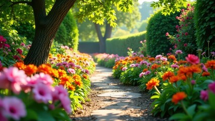 A Serene Garden Path Lined with Vibrant Blossoms, Sunlight Dappling Through Lush Greenery, Creating a Peaceful and Tranquil Atmosphere