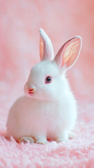 Obraz premium Adorable white rabbit with large ears sitting on a pastel pink background, soft-focus lighting, dreamy atmosphere, perfect Easter postcard