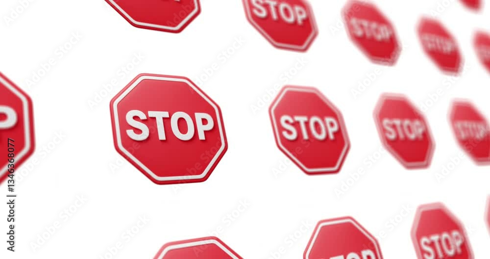 Poster animated design of a 3d render of a red stop sign pattern moving sideways on a white background.