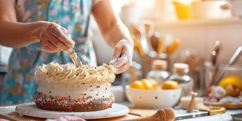 Picture about patissier decorating a colorful cake with edible ingredients in a kitchen. Skillful baker or chef bake delicious pastry mix with sweet taste sugar in bakery for celebration party. AIG61.