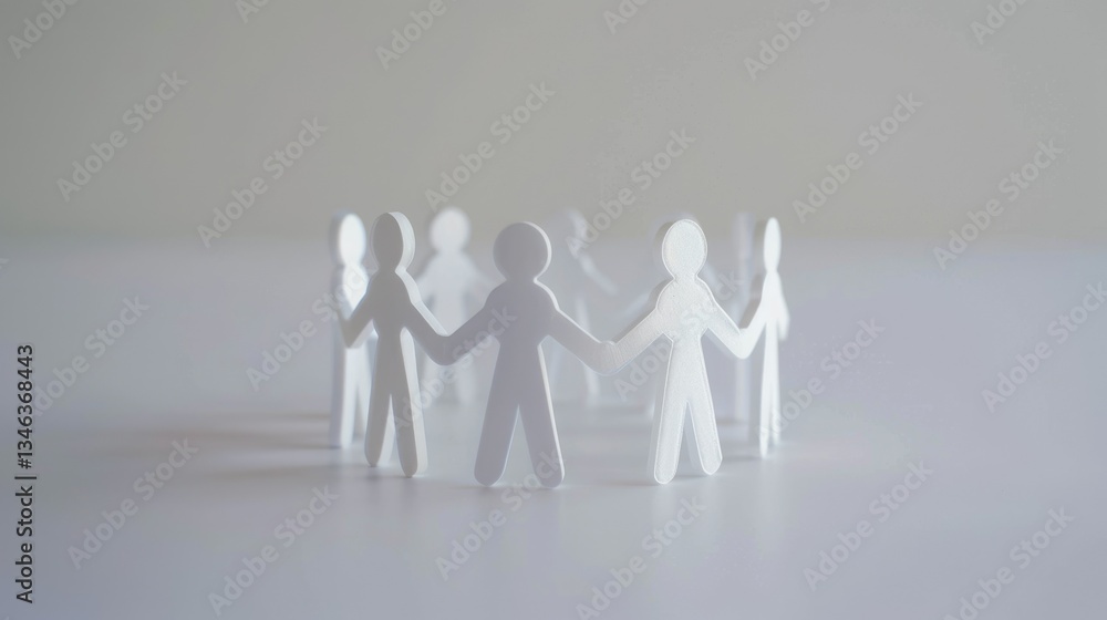 Poster a minimalistic arrangement of paper figures standing in a circle holding hands, symbolizing unity an
