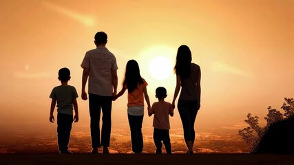 A happy family parents and children holding hands and walking on a mountaintop staring at the sunset 4K - Powered by Adobe