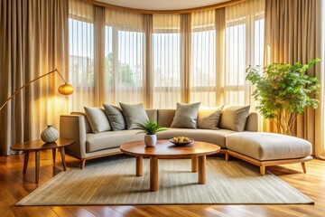 Naklejka premium Japandi Living Room: Modern Curved Sofa, Wooden Coffee Table, Bokeh Window, Minimalist Interior Design