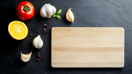 Top View Arrangement of Fresh Vegetables and Herbs on a Rustic Black Surface with a Wooden Board