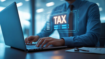 A futuristic holographic interface on a laptop displays 'TAX' and completed tasks, showcasing advanced tax management in a modern office setting, promoting professionalism and efficiency.