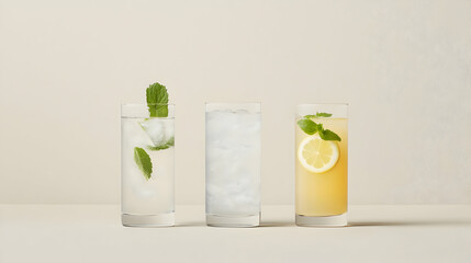 Three Refreshing Drinks In Glasses On A Light Background