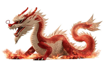 Obraz premium Illustration of a Majestic Red and White Chinese Dragon Rising with Fire on Transparent Background Symbolizing Mythology Fantasy and Lunar New Year Celebration
