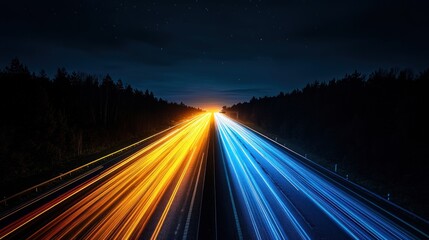 Obraz premium Night Highway: Dual Light Trails on a Scenic Road