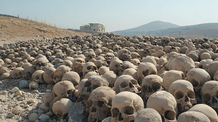 Numerous Skulls Scattered Across A Rocky Field With Building In Background Under Daylight